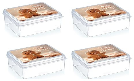 MiraHome Keksdosen 4er Set transparent mit Lebkuchenmännchen-Design 2,5L – Rechteckige Plätzchendosen – Ideal als Keksdose für Weihnachten – Plätzchendose für die Weihnachtszeit