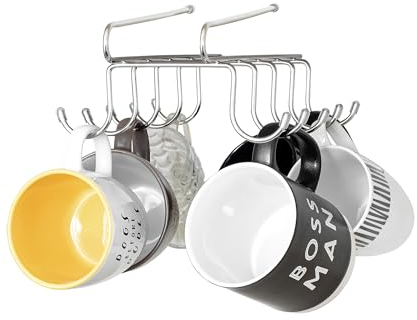 Innoteck Essentials Mug and Cup Hanging Rack with 10 Hooks - Under Shelf Mug Storage for Space-Saving Kitchen Organisation - Under Cabinet Closet Without Drilling