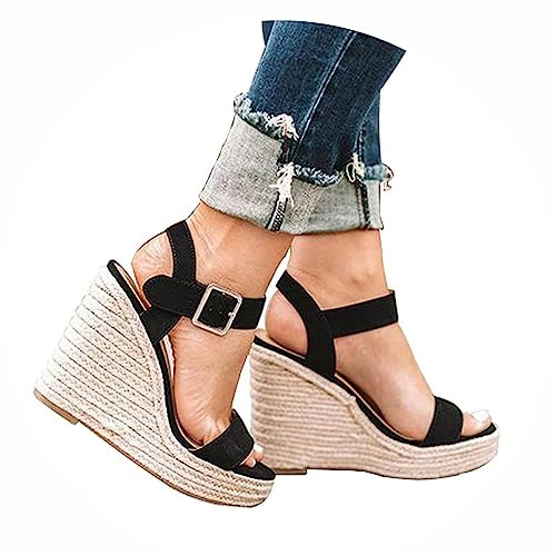 Minetom Chaussure Sandale Espadrille Lanière Cheville Plateforme Bohème Femme Corde avec De La Paille Tressé Talon Compensé C Noir 38 EU