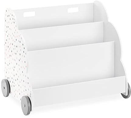 Navaris Librería Infantil de Madera - Biblioteca Montessori para niños con 3 Compartimentos para Libros y Juguetes - Estantería con Ruedas - Blanco con Puntos