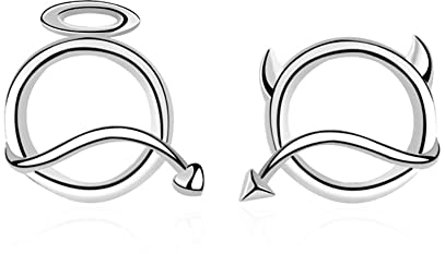 HYTLH S925 Sterling Silber Teufel Engel Ohrstecker Damen Mädchen Einfache Kleine Volley Asymmetrische Silber Ohrringe,White Gold