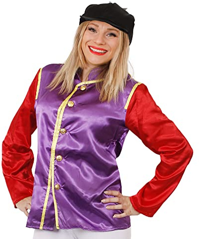 Jockey-Kostüm für Damen, rot und lila, Größe L, Jockey rot und schwarz, Jockey-Hut, Grand National, Pferderennen Verkleidung