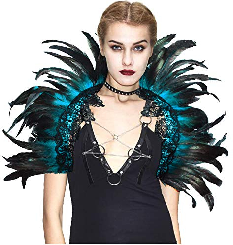 keland Damen schwarz echte Feder Achselzucken Schal Wrap Lace Kragen Halloween Kostüm Schal Top(Blau)