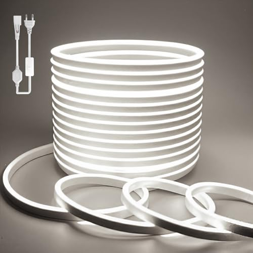 BAGZY Neon LED Streifen 10M Aussenbereich, Neon Wasserdicht Strip 230V Outdoor 120 LED/M Flexibler DIY Lichtband für Innen Weihnachtsfeier Aussenbereich,mit Netzteil und Controller (Weiß,10Meter)