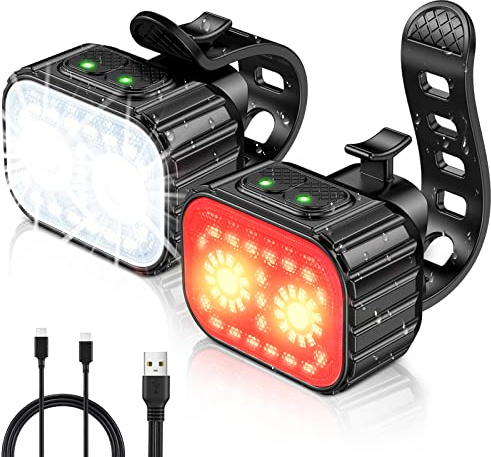 Cuvccn Bike Lights Super Bright, Rechargeable Bicycle Lights Set Multiple Modes, Waterproof Bike Lights for Night Riding/Cycling Safety, Front and Back Bike Reflectors Light, Long Battery Life