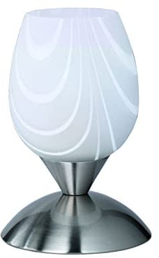 meineWunschleuchte Tischleuchte Pokal Glasschirm Ø12cm Weiß marmoriert & Fuß Silber – Touch dimmbar