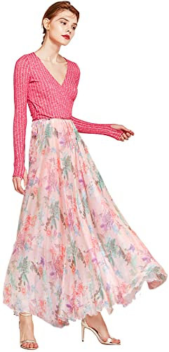 Shmily Girl - Maxi gonna da donna bohémien, lunghezza a terra, linea ad A, in chiffon, gonna da spiaggia, elegante e lunga, Colore: rosa., M
