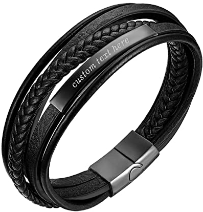Cupimatch Personalisiertes Armband mit Gravur für Männer Vintage Glänzend Herren Armband Mehrschichtige Geflochtene Lederschnur Edelstahl Herrenarmband Gravierbar Länge 21 cm