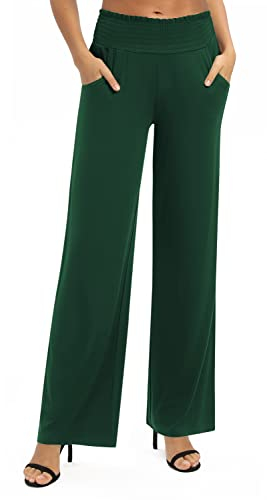 EXCHIC Damen Leichtgewicht Elastisch Hohe Taille Hose Casual Weite Bein Dehnbar Lounge Hosen mit Taschen (S, Dunkelgrün)