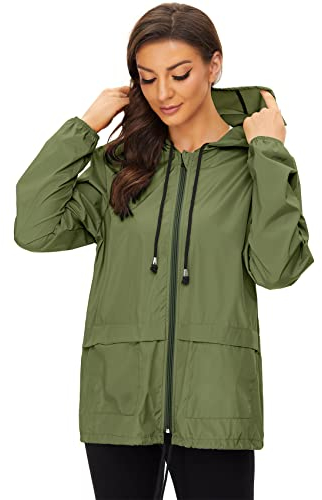 Durio Veste de pluie légère pour femme - Imperméable - Respirante - Pliable - Coupe-vent - Avec capuche - Veste softshell - Veste de cyclisme, Vert kaki, M