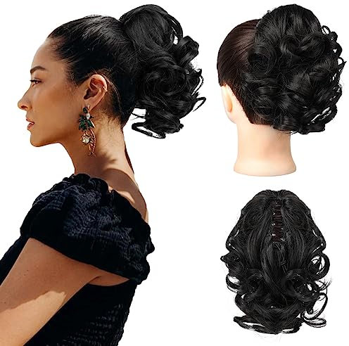 REECHO Ponytail Extension, 23 cm Kurze lockige gewellte Haarklammer Haarteil Pferdeschwänze Haarverlängerungen Haarteile für Frauen Ponytail Extension - Schwarz