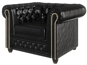 S-Style Möbel George Chesterfield-Sessel Für Wohnzimmer Loungesessel Aus Veganem Leder Clubsessel Relaxsessel Lesesessel Möbel Sofa Sessel & Stühle für Lounge Schwarz 94 x 86 x 72 cm