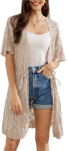GRACE KARIN Damen Vintage Lochmuster Strickjacke Lange Bolero mit Gürtel Leicht Bikini Cover-Ups Boho Kurzarm Kimono Pool-Party Aprikose XXL