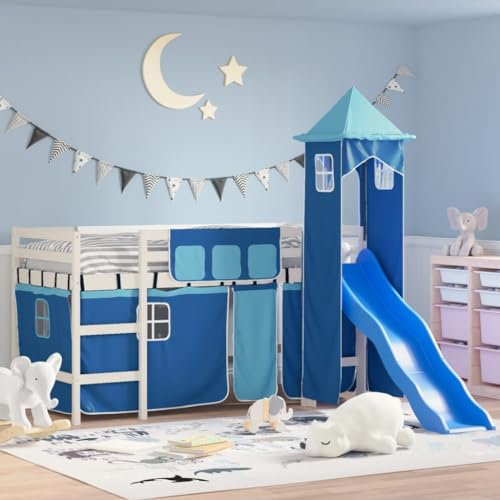 BAZZI Kinderhochbett: Mit Turm, Weiß und Blau, Maße 90 x 190 cm, Aus Massivholz Kiefer, Ideal als Etagenbett, Kleinkindbett, Einzel-Hochbett, Kinderbett oder Jugendbett