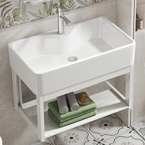 Meuble lavabo salle de bain,meuble wc suspendu,Lave Main en Céramique，Lavabo de salle de bains mural en céramique blanc, avec support, robinet,adapté à la salle de bains,aux toilettes et à l'hôtel (S