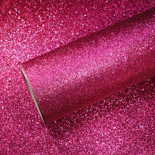 VEELIKE Magenta Glitter Wallpaper Rose Red Sparkle Contact Paper Self Adhesive Fabric Wallpaper for Bedroom Vinyl Wrap for Furniture Girl's Room Dressing Table Lining Paper Party Decoration 40cm×300cm