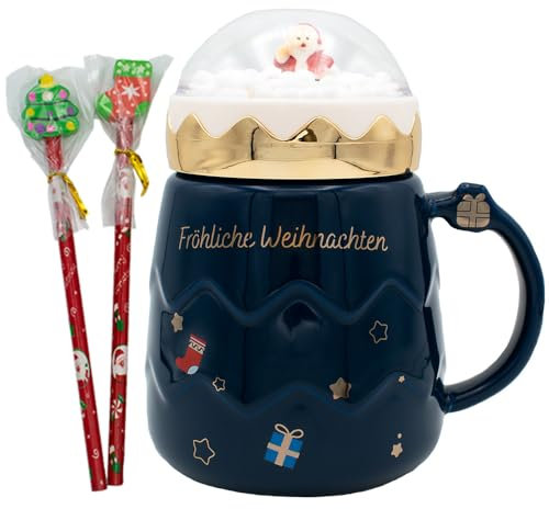 kda Schneekugel Tasse 400 ml - mit Deckel - Becher - Weihnachten - Tannendesign Winter Keramik (Blau)