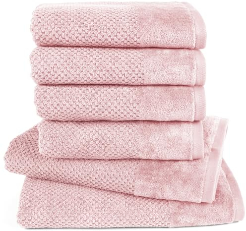 Pure Label 6-TLG. Handtücher Set mit Aufhängeschlaufen aus 100% Baumwolle, saugstark, weich und Oeko-TEX Zertifiziert - 2X Badetuch (70x140 cm) 4X Handtuch (50x100cm), Rosa