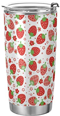 Anticsao Vaso de fresa roja con tapa y popote, vaso aislado de acero inoxidable, taza de café de viaje de doble pared, tazas térmicas al vacío para bebidas calientes y frías, 20 onzas