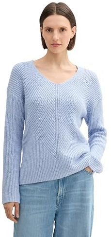 TOM TAILOR Damen RIPP Strickpullover mit V-Ausschnitt, 36520 - Kentucky Blue Melange, XS