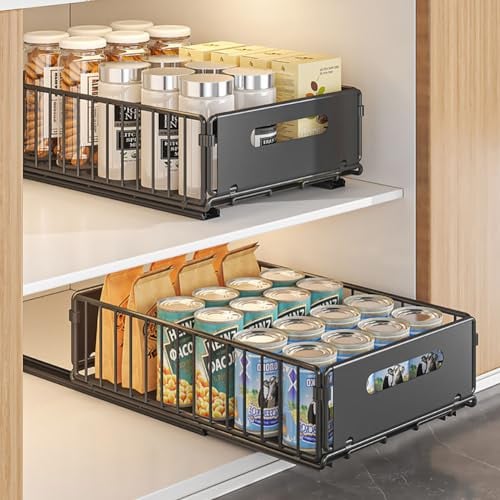 YunNasi Organizador de Gabinete Extraíble con Estantes de Almacenamiento Deslizantes, Organizador de Armario, Cesta Deslizante para Cocina, sin taladrar ni clavar (Negro, 2Bloque 38D X 25W X10H CM)