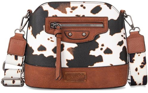 Wrangler Umhängetasche für Damen, Kuhmuster, Western-Cross-Body-Tasche mit charakteristischem Riemen, Komplett mit Kuhmuster, Braun