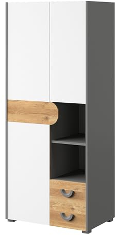 MINIO go for it - Kleiderschrank 80 cm Carina 1, Hochschrank, 2 Türen und 2 Schubladen, Highboard, Schrank für Jugendzimmer, Farbe: Nash Eiche/Weiß/Hellgraphit