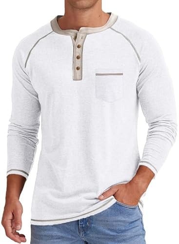 Meilicloth Mens T Shirt Long Sleeve Tshirt Casual Pullover V Neck Tee Shirt Button up Henley Tops Lightweight Shirt with Pocket White Medium