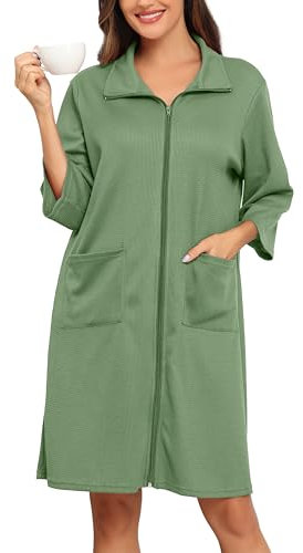 Lovasy Bademantel Waffelpique Damen mit Reissverschluss 3/4 Ärmel Waffelstrick Leichter Morgenmantel Knielang mit Taschen,Grün,XL