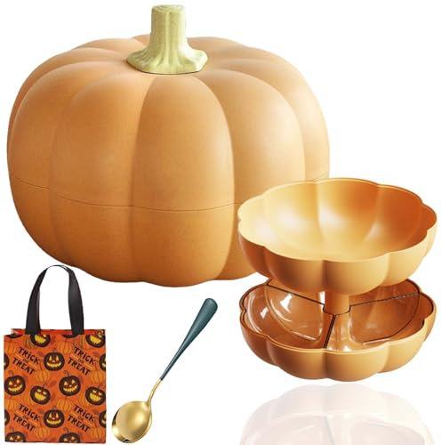 Halloween Pumpkin Fruit Bowl, Pumpkin Serving Bowl with Dividers, Cute Pumpkin Serving Tray with Lid, Detachable Pumpkin Shape Snack Box, For Halloween Thanksgiving Fall Festival Party (XL-Orange)