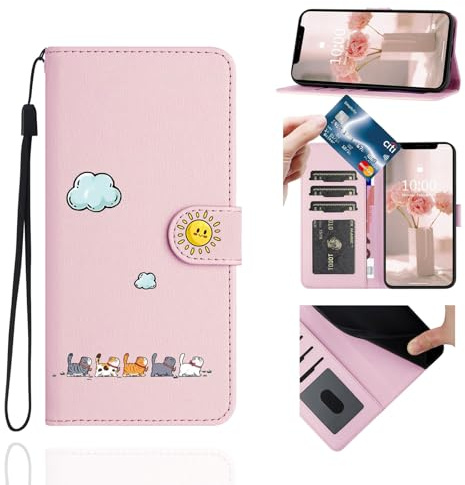 Jeffene Flip Phone Case for iPhone 16 Pro Cute Cat Card Holder, Pink | 3 Card Slots, Flip Cover, Shockproof, Magnetic Flip, Kickstand, Cute Cats PU Leather with Lanyard Strap, Designed for Women