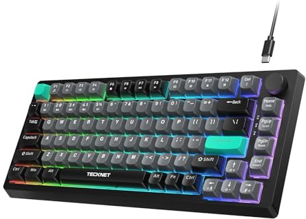 TECKNET Teclado para juegos, 75% teclado con cable, retroiluminación RGB, 82 teclas con control de perilla de volumen, 26 teclas antifantasma, interruptor silencioso para juegos de susurro, apto para