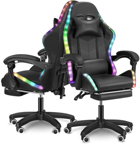 Oyajia Chaise de gaming LED RVB avec haut-parleur, repose-pieds et coussin lombaire - Chaise de bureau ergonomique avec appuie-tête réglable