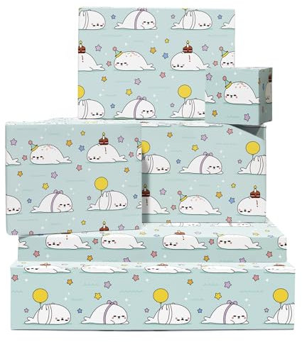 Siegel-Geschenkpapier – Fauler Kawaii-Siegel-Geburtstag – Sterne – 6 Bögen Geschenkpapier für Männer, Frauen, Kinder – mit Aufklebern – recycelbar – von Central 23