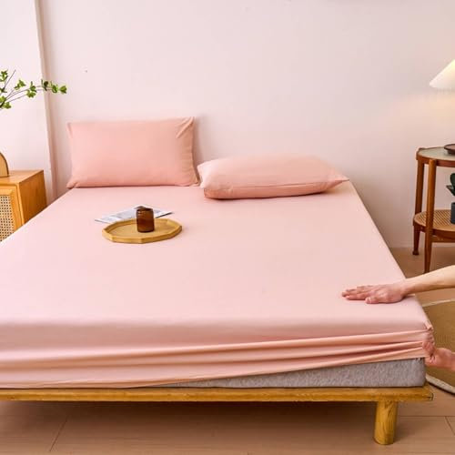 AMDXD 90x200cm Betttuch mit 2er Kissenbezüge Set 3teilig Verstaubar, Spannbettlaken Einfarbig Hellrosa Schlafkomfort, Polyester Bett Laken Bezug für alle Jahreszeiten
