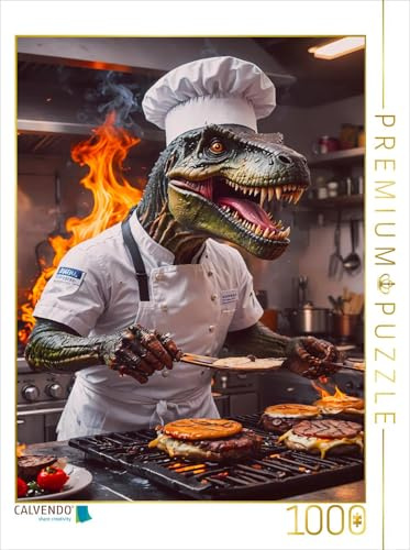 CALVENDO Puzzle Der T-Rex Chefkoch brät Burger | 1000 Teile Lege-Größe 64 x 48 cm Foto-Puzzle für glückliche Stunden