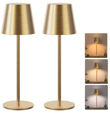 JACKYLED Tischlampe Kabellos, Wiederaufladbar mit 5000mAh Akku, 3 Höhen Verstellbar, 3 Farbtemperaturen Dimmbar, Tragbare LED-Wasserdichte Tischlampe für Esszimmer, Schlafzimmer (Gold, 2 Stück)