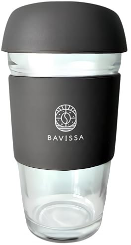 BAVISSA Reusable Glass Coffee Cup/Travel Mug with Lid - Heat Resistant Silicone Sleeve Surround Eco Friendly with Removable Lid 500ML BPA Free (Grey)