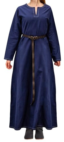 Leonardo Carbone® Damen Kleid Wikinger Unterkleid Helga | Aufwendige Stickereien | Fließende Silhouette | Karneval, Halloween, Cosplay, LARP, Mittelalter, Wikinger | 100% Baumwolle Blau 3XL