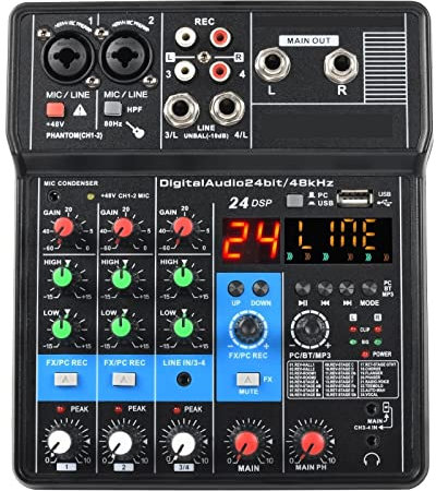 SBCGFY Audio Mixer, DJ Controller Sound Mixer, 4 Channel Sound Mixer Bluetooth-Function 24 Effects USB Computer Record Play Live Broadcast Mixing Console, Ideal for Home Party and Karaoke
