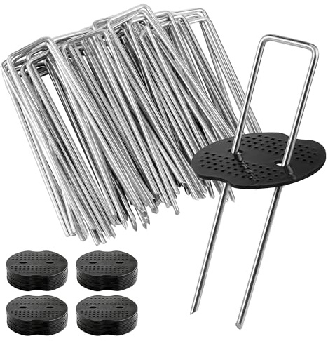 Piquets de Fixation pour Jardin, Agrafes de Jardin 50 pcs + 50 Rondelles pour Toiles de paillage, Grillage, tuyaux, Sardines Tente, Gazon synthétique