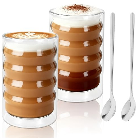 KXVXXV Latte Macchiato Gläser Doppelwandig 2er Set 400ml | 400ml Thermogläser Doppelwandige Kaffeegläser mit 2 Löffeln, Glas Cappuccino Tassen Set Cappuccino Gläser aus Borosilikatglas