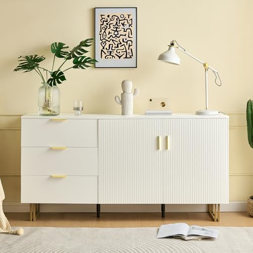 GYNGTLC stabilen Stahlbeinen in Braun,Modernes 2-Türiger und 3-Schubladen Sideboard – 160cm Elegantes MDF-Möbel mit goldenen Zinklegierung-Griffen