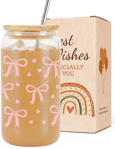 VivaJoy Gifts for Women - Birthday Gifts for Women, Friend Gift, Bow Tie Juice Glasses, Glass Cups with Straw and Lid, Thanks Gift for Womens, Sister, Bestie, Best Friend