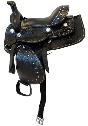 Mini 6 or 7-Inch Western Saddle Tooled Leather with Suede Seat for Dogs | Decorative Prop for Display, Rocking Horse, Dog Costume, or Halloween Use Only (Black/Black Seat, 6)