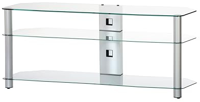 Mueble TV NEO-3110-TG – Mesa para Televisión 110 cm con Ruedas, 3 Estantes de Vidrio Templado, Estructura de Aluminio Gris, Soporta hasta 50 kg