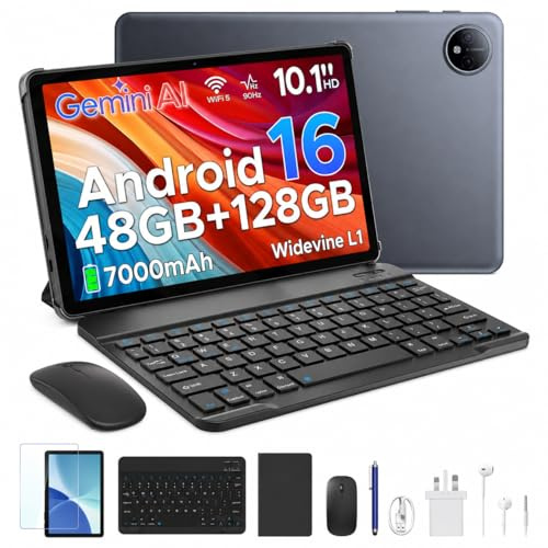 P10 10 Inch Android 16 Tablet with Gemini AI, 48GB+128GB/TF 2TB, 7000mAh, Quad-Core Processor, 90Hz, 5+8MP/Dual Speakers/3.5mm Headphone Jack/Face Unlock/Widevine L1, Tablet with Keyboard & Pen, Gray