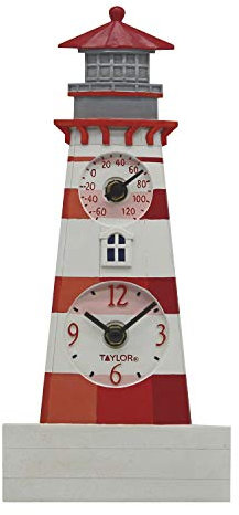 Taylor Precision Products Leuchtturm-Uhr mit Thermometer, Kunstharz, 30,5 cm, mehrfarbig