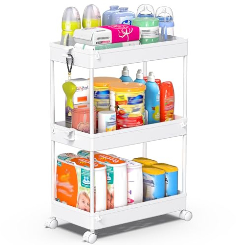 SPACEKEEPER Storage Rolling Cart, 3 Tier Laundry Room Organization Utility Cart Bathroom Organizer Mobile Shelving Unit Shelves Multi-Functional Trolley, White