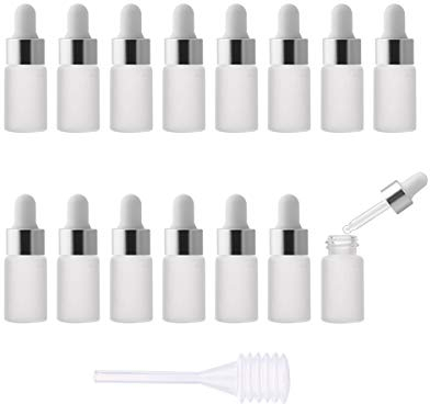 Enslz Lot de 15 mini flacons compte-gouttes vides en verre givré réutilisables avec bouchon à vis en métal et ampoule en caoutchouc (3 ml, argenté)